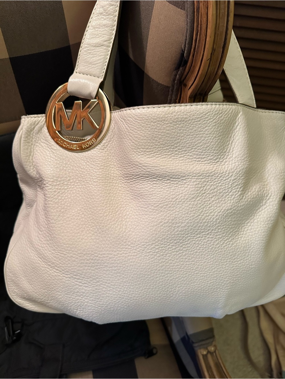 Michael Kors White Leather Tote with Gold MK Logo Charm